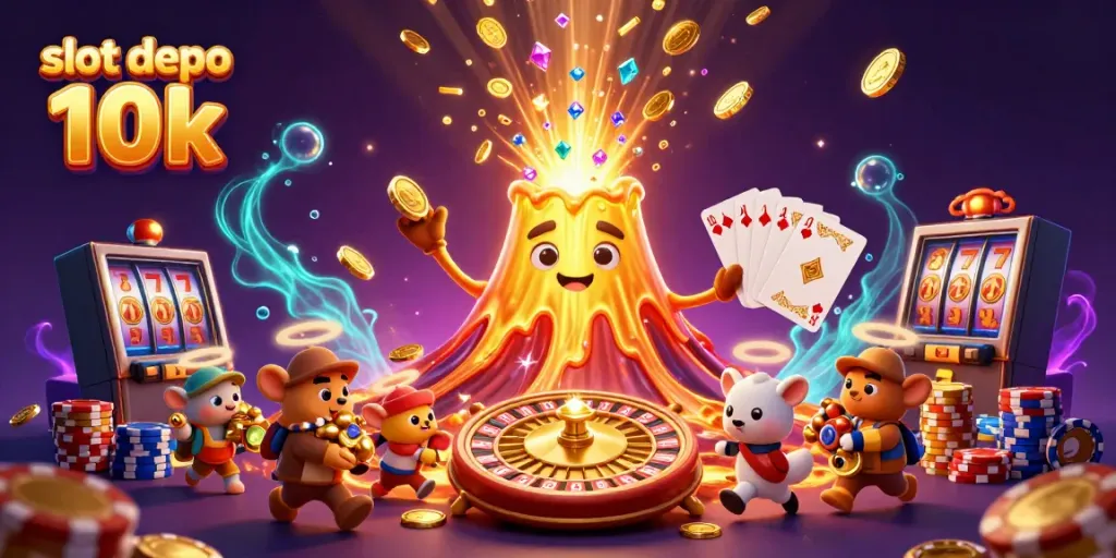 Melihat slot depo 10k yang menampilkan gunung berapi emas yang memuntahkan koin dan harta.