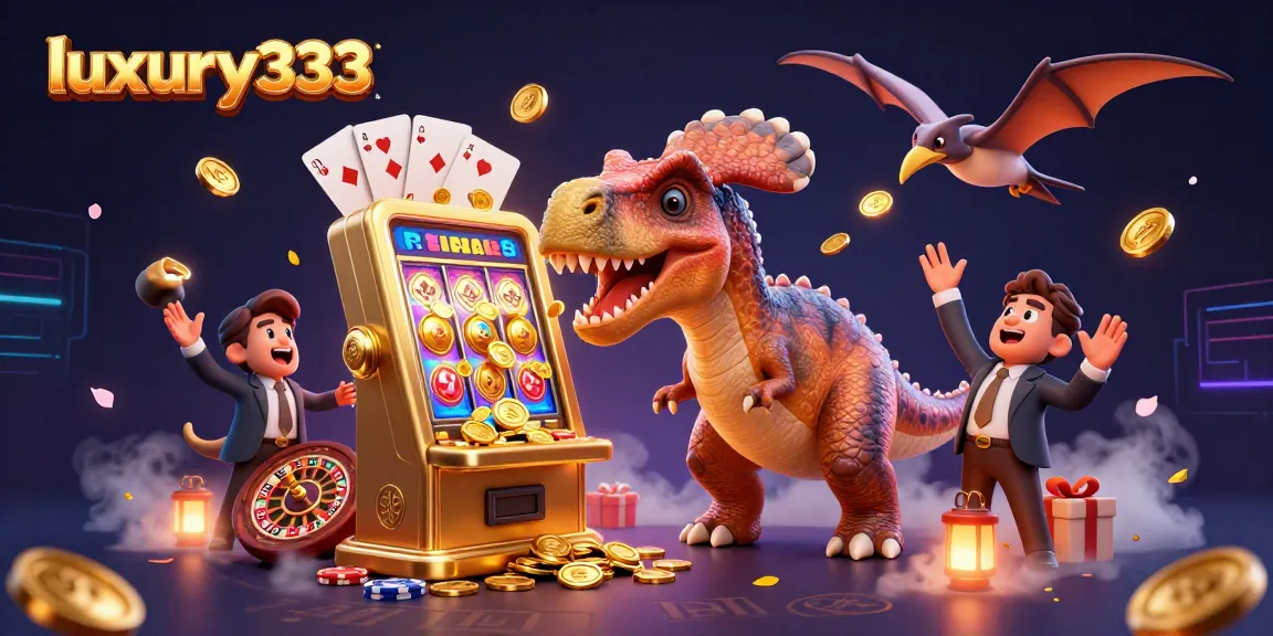 Koin jackpot meluncur dari mesin slot luxury333 saat dinosaurus beraksi di kasino.