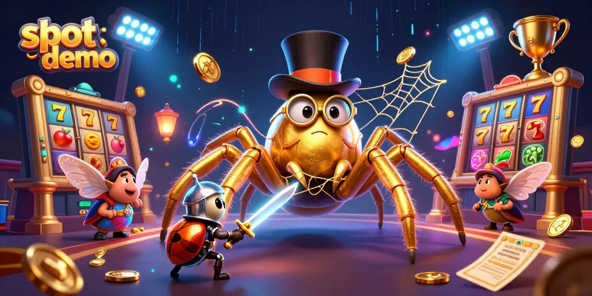 Slot demo menampilkan tarantula emas dan ksatria kecil di kasino, dengan lampu neon berkilau.
