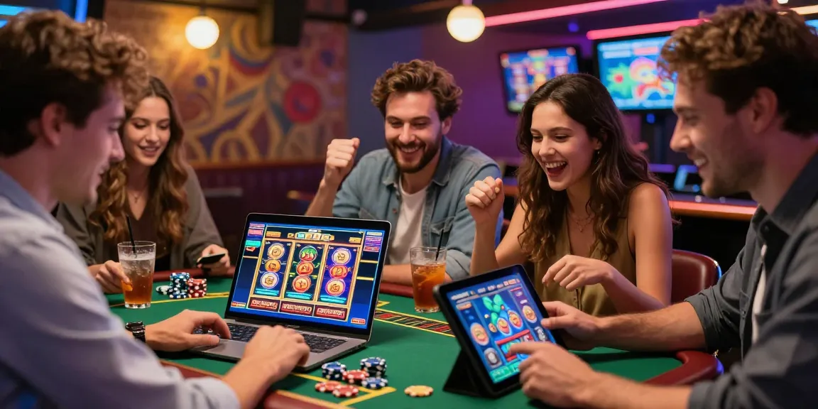 Friends enjoying credit card casinos while playing online games with vibrant graphics and casino decor.