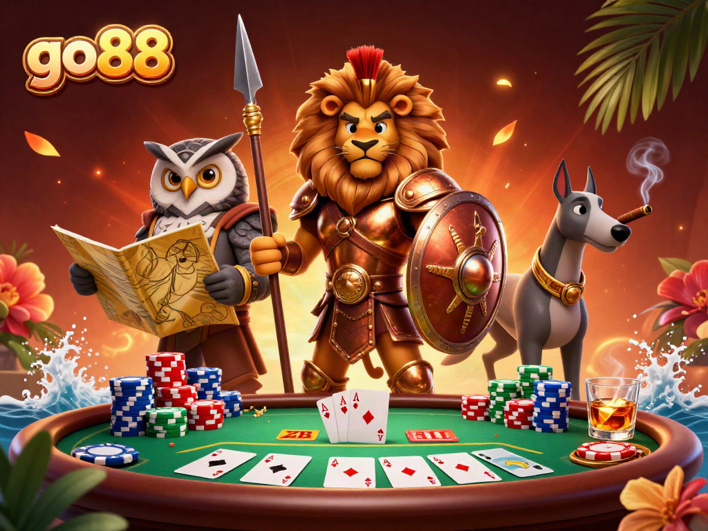 Engage with the go88 gaming experience featuring a heroic scene of characters amidst poker elements.