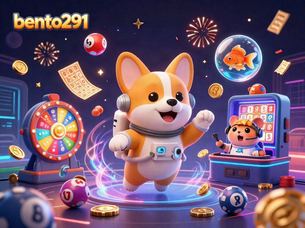 Bento291 showcases an energetic space casino with an astronaut corgi amidst colorful lottery balls and glimmering golden prizes.