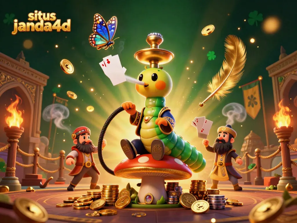 Situs janda4d menampilkan ilustrasi kasino yang kaya detail dengan karakter menarik dan elemen keberuntungan.