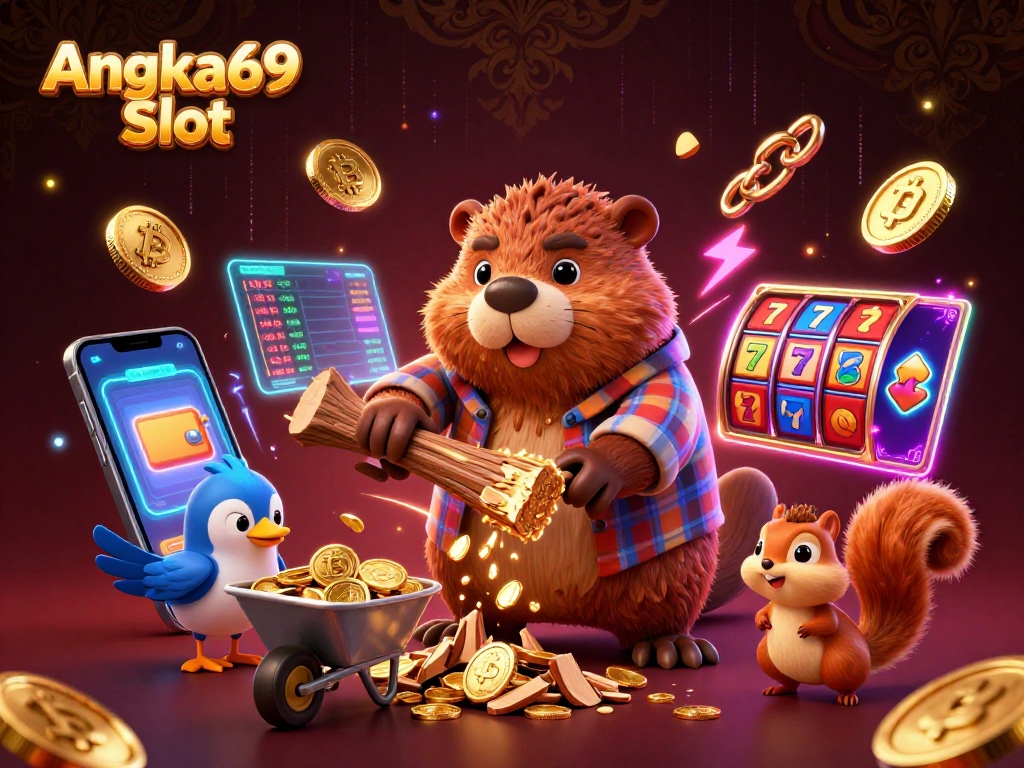 Spin to win at Angka69 Slot with a beaver collecting golden coins in a dynamic casino scene.