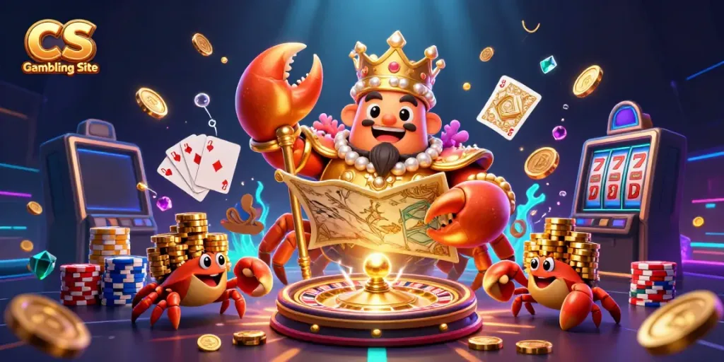 Experience action at a vibrant CS Gambling Site with a golden crab emperor surrounded by sparkling coins and colorful poker chips.
