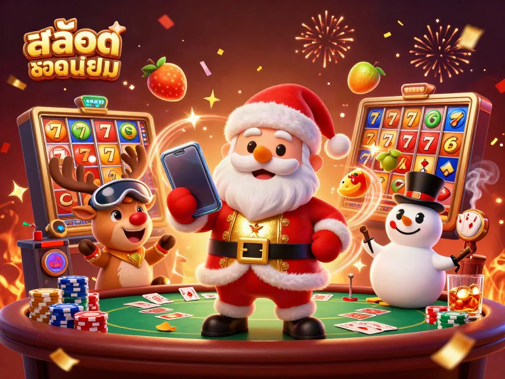 Experience the excitement of สล็อตยอดนิยม with Santa, a dealer reindeer, and a poker chip snowman in a vibrant casino scene.