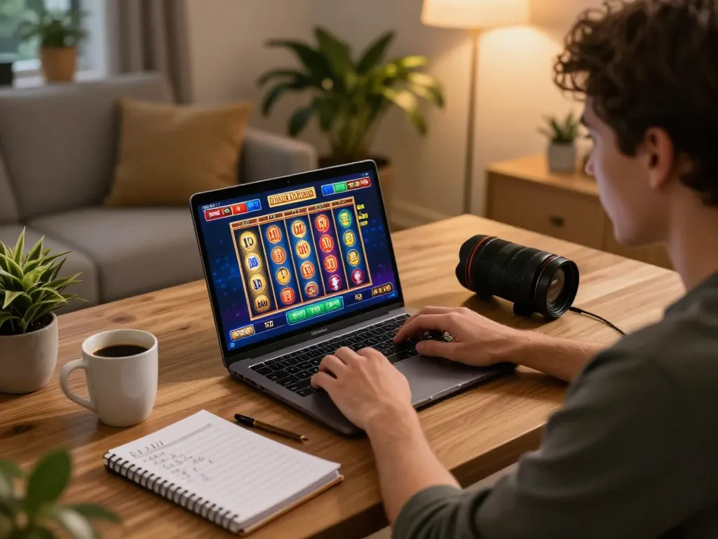 Player đăng ký for online casino gaming on laptop, engaging with vibrant slots interface in a cozy home setting.