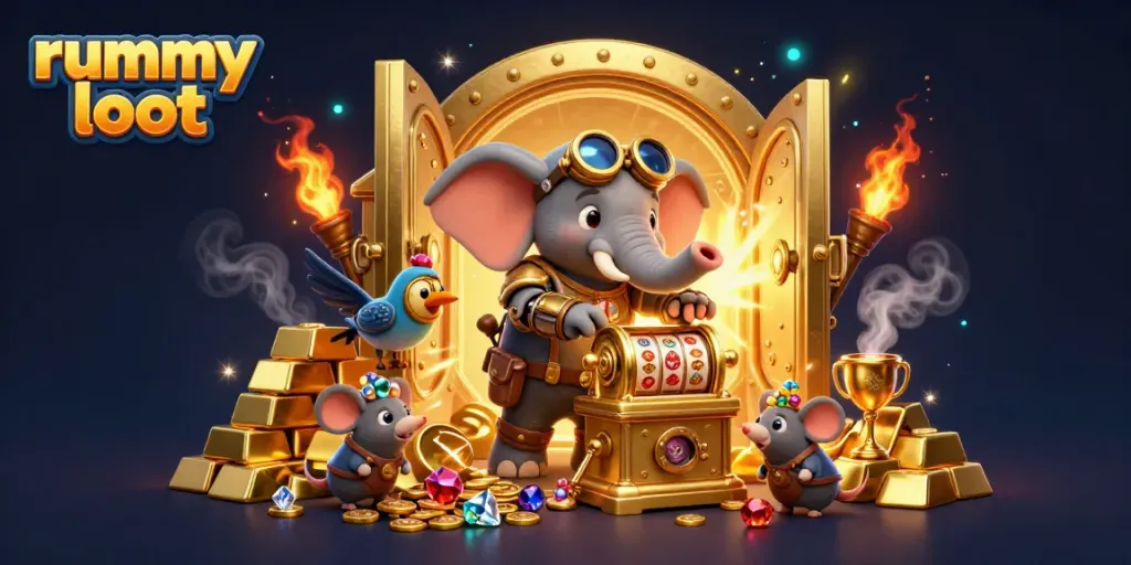 Experience rummy loot with a steampunk elephant operating a golden slot machine filled with treasures.
