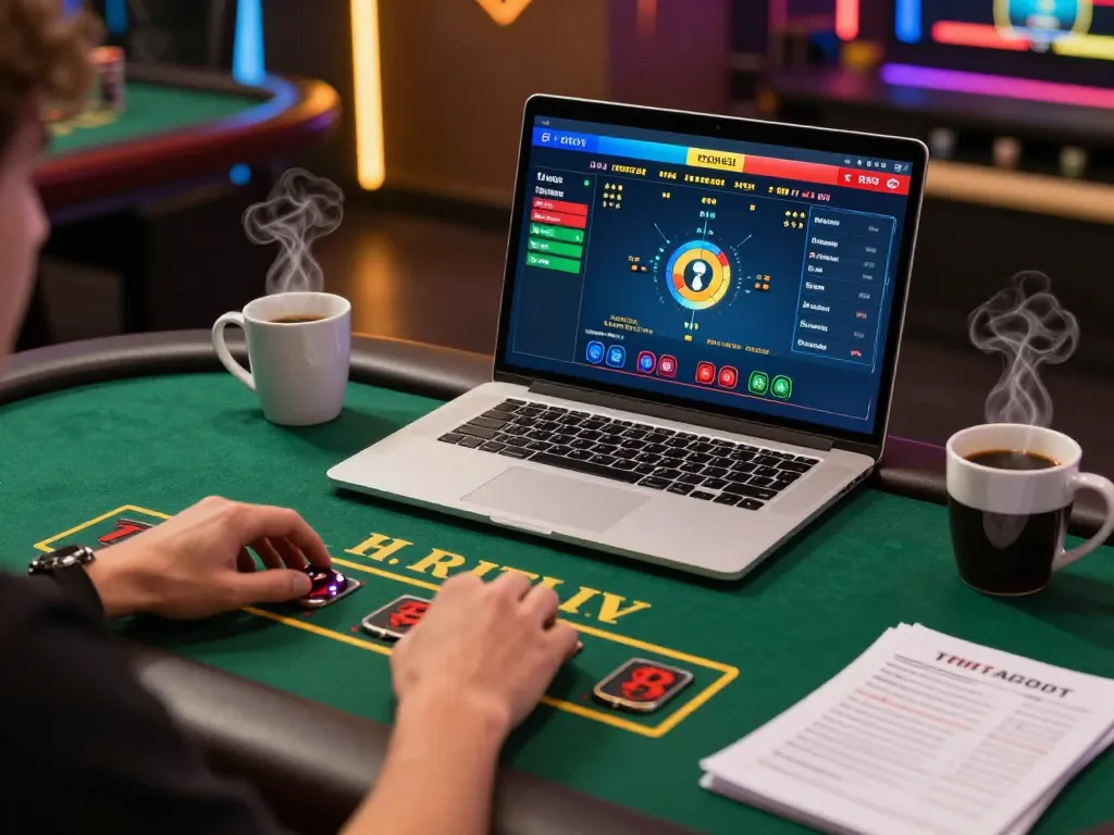 Player engaging in exciting online blackjack game at RR99 with strategic notes and coffee