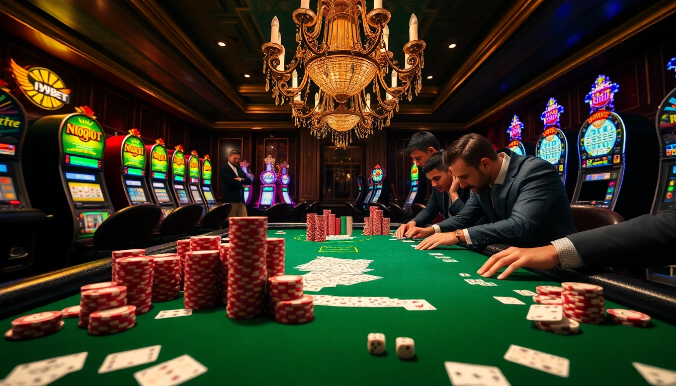 Experience the thrill of i9bet with vibrant poker action at a luxurious casino table.