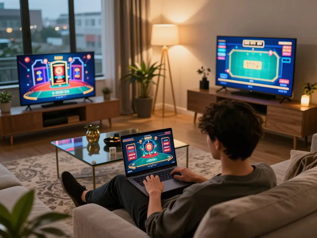 Engaged player utilizing god55vn platform on a laptop at home, showcasing an interactive online gambling experience.