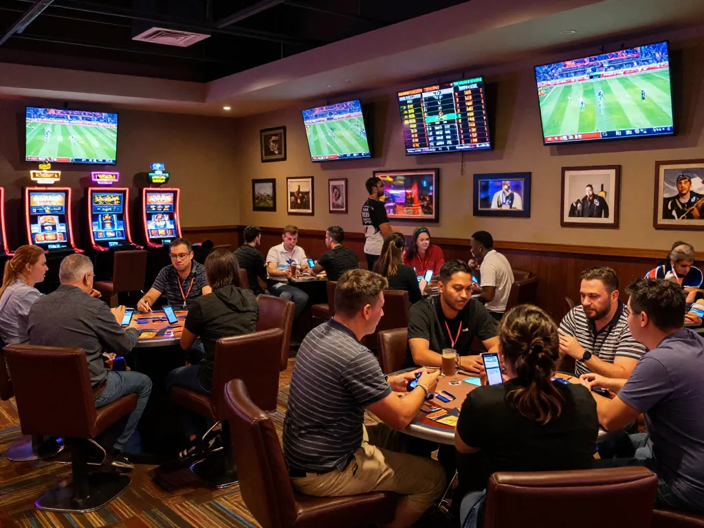 Engaged bettors analyzing kèo nhà cái odds while enjoying a vibrant sports betting lounge