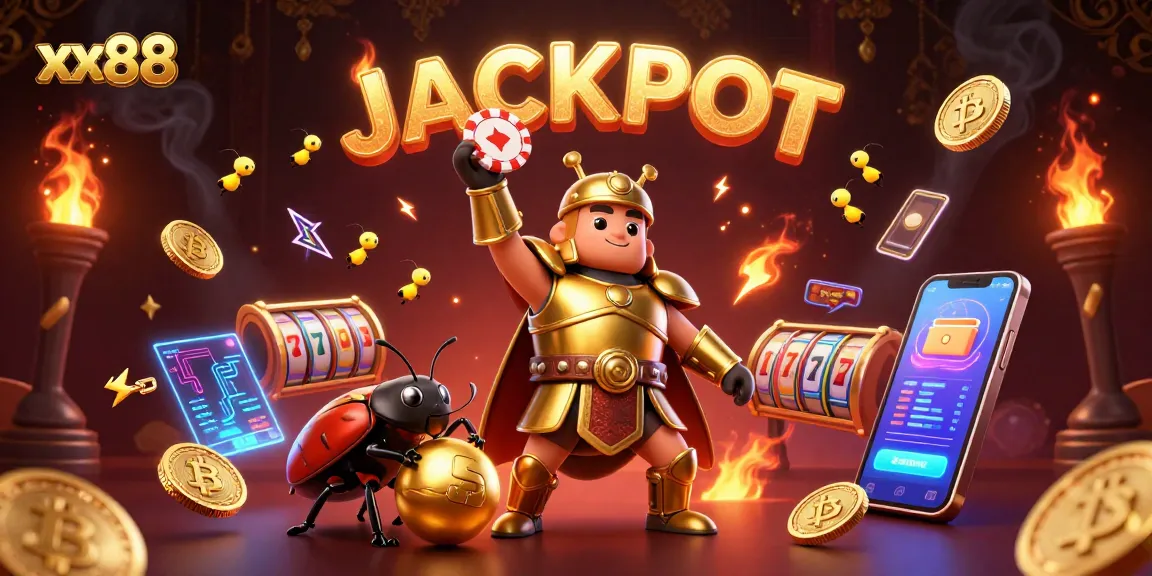 Experience the thrilling gameplay of xx88 with a jackpot celebration featuring bold characters and glowing coins.