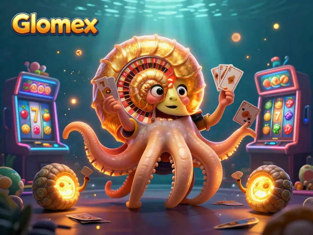Spin the roulette wheel with Glomex, featuring vibrant slot game elements and lively characters.