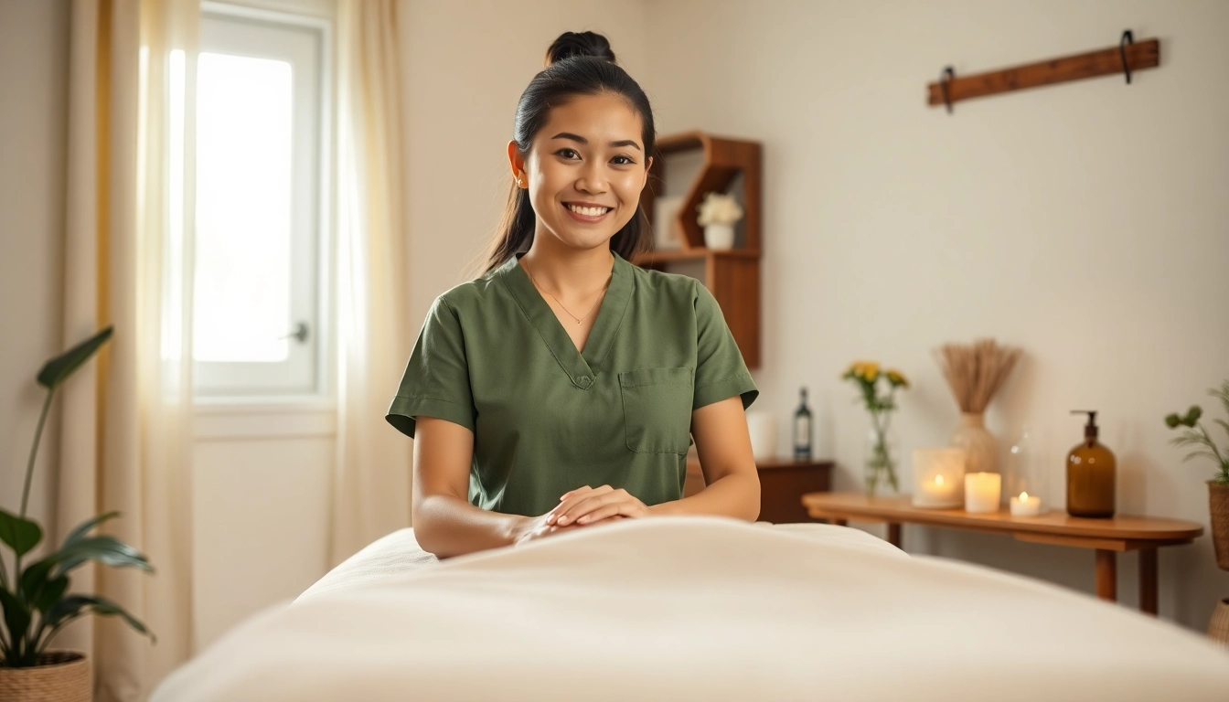 Professional Thai therapist offering 수원출장마사지 in a serene home setting.