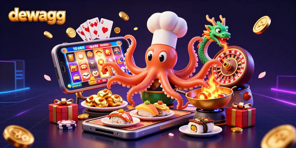 Dewagg invites players to indulge in golden jackpots at an online casino, illustrated with vibrant characters.