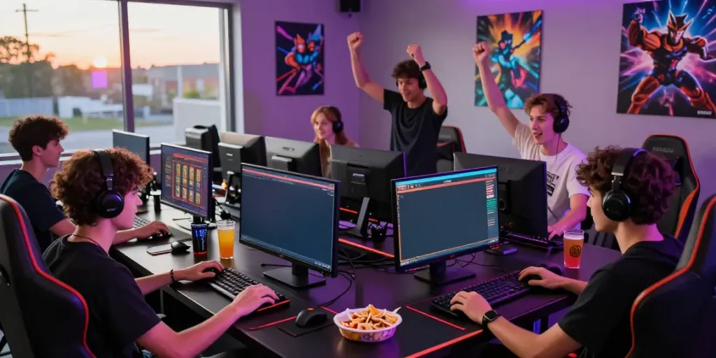 Exciting online gaming scene with young adults enjoying akunjp slot games in a vibrant room.