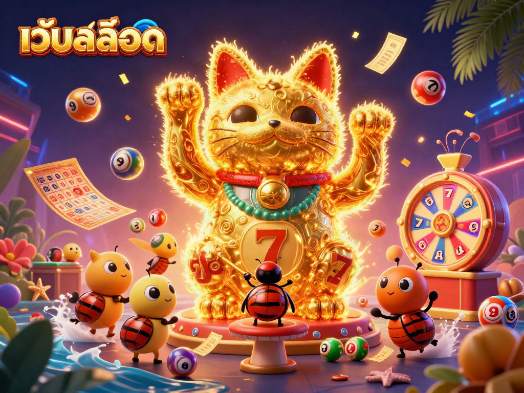 Engage in thrilling เว็บสล็อต action with a golden lucky cat, vibrant lottery elements, and dynamic scene.