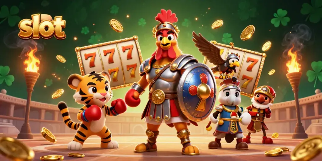 Engaging slot scene with a gladiator rooster, luck symbols, and dynamic gold coins