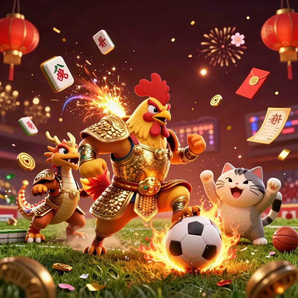Rooster samurai kicks a soccer ball as dragon sparks fly and a lucky cat cheers