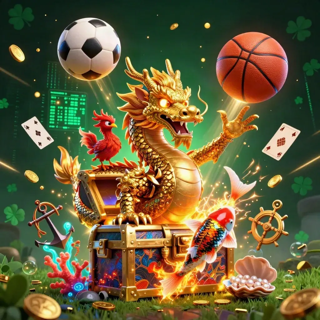 Dragon, phoenix, koi, soccer ball and basketball amid coins, coral, and treasure glow