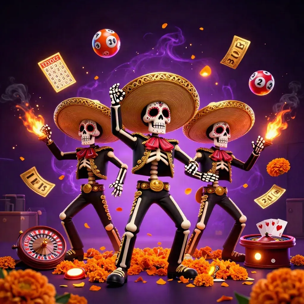 Skeleton mariachi trio amid casino game elements, glowing in ember orange and gold.