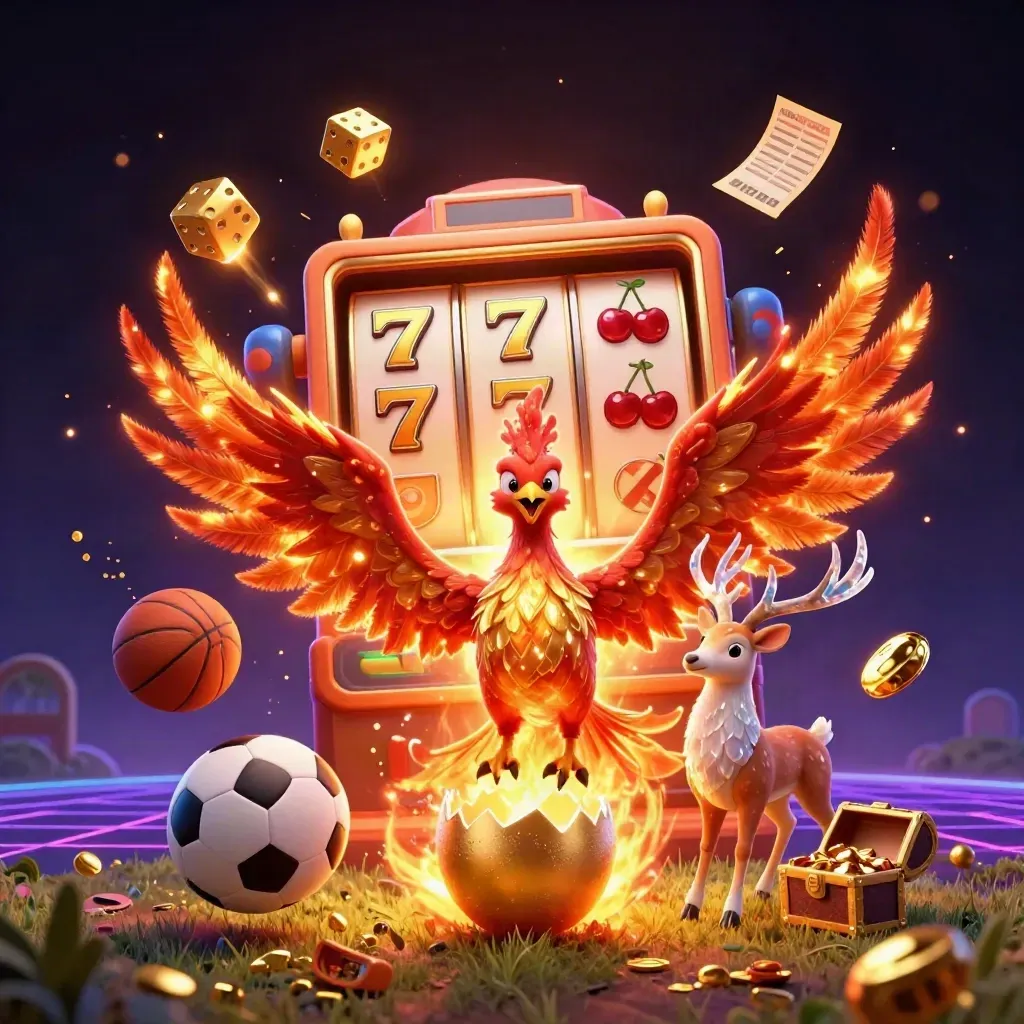 Phoenix, stag, slot machine, and sports balls burst in neon casino light.