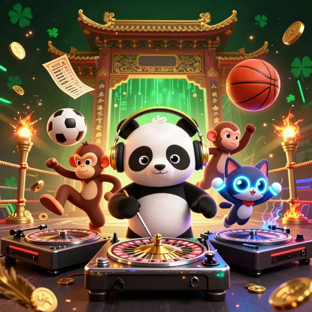 DJ panda, breakdancing monkey and glow-stick kitten amid casino-sports chaos and neon light.