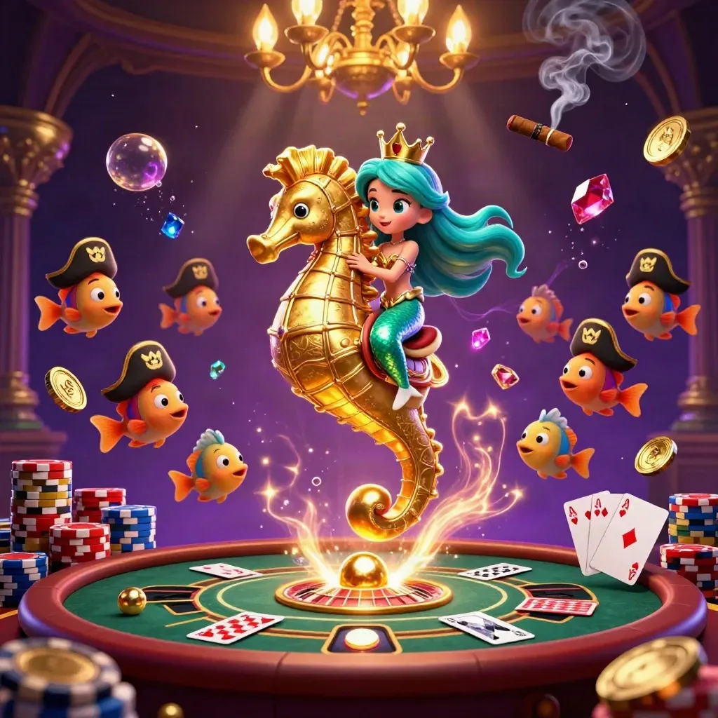 Mermaid princess on a golden seahorse amid roulette, chips, coins, and glowing casino cards.
