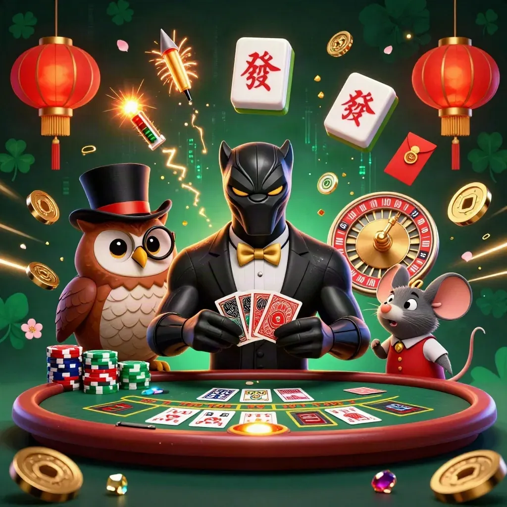 Panther, owl, and mouse amid luxe casino props, lanterns, coins, and neon energy.