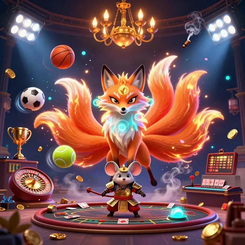 Fox spirit and samurai mouse amid casino lights, roulette wheel, and flying sports balls.