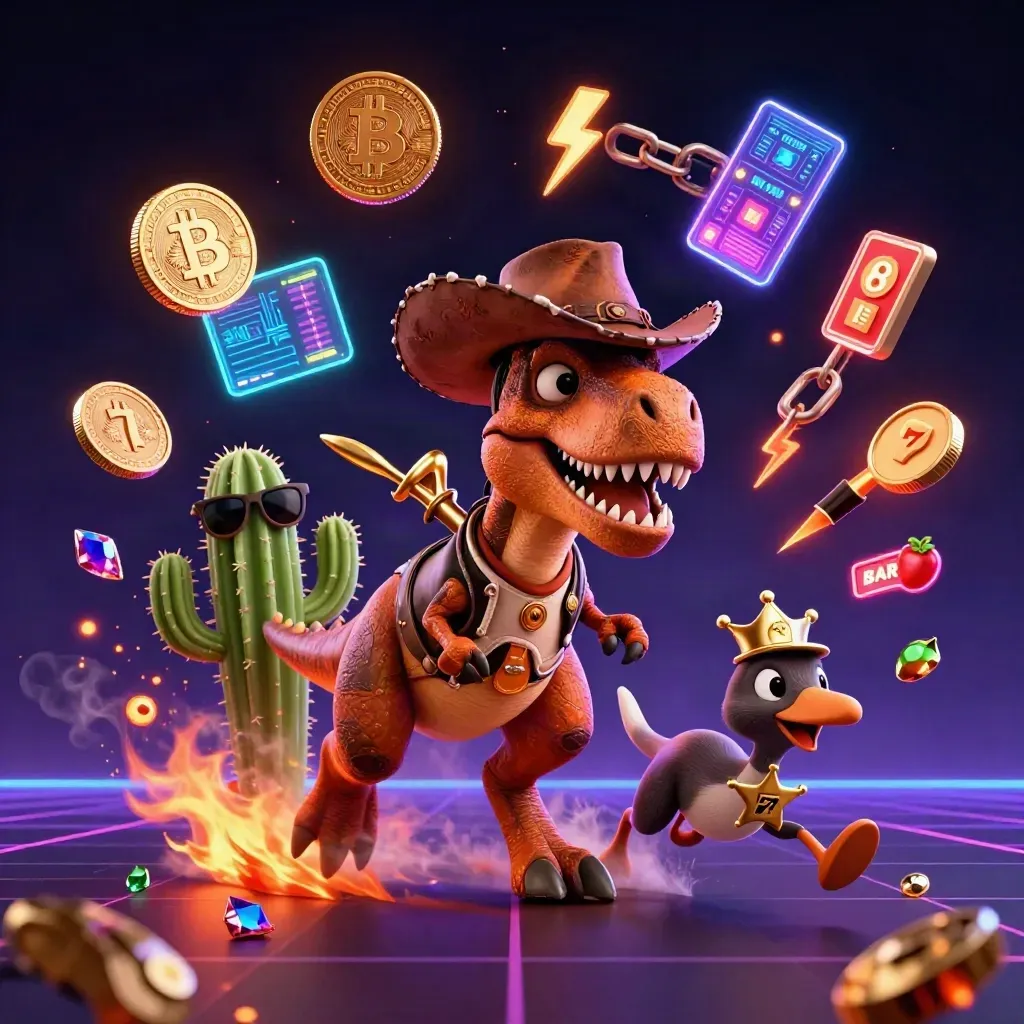 Cowboy T-Rex, cactus sidekick, and sheriff roadrunner in a neon casino treasure burst.