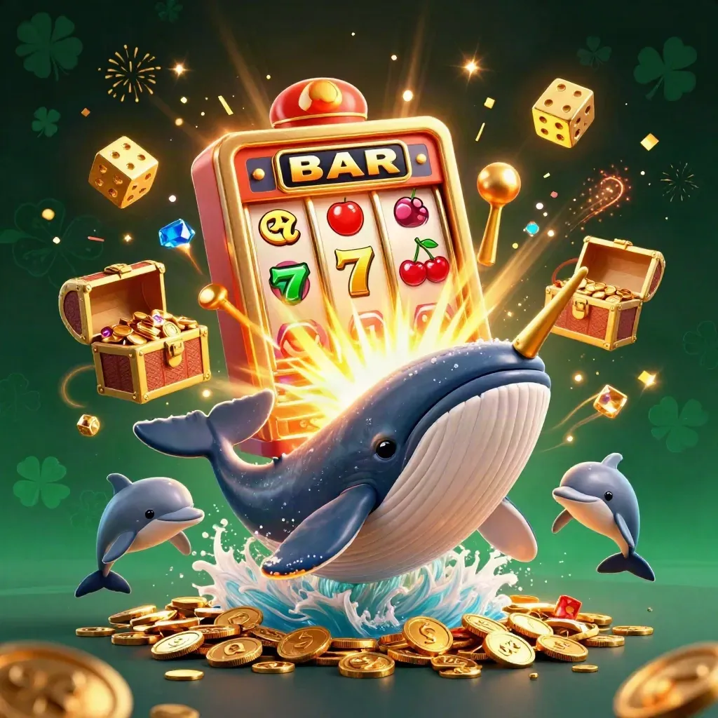 Whale captain, narwhal and dolphins burst through coins beside a jackpot slot machine.