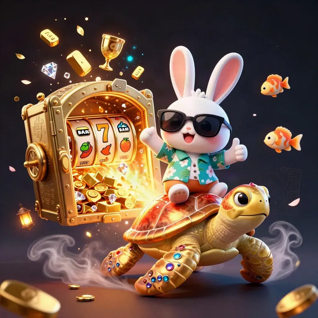 Lucky rabbit on a gem turtle amid treasure, reels, and vault bursts in fiery casino art