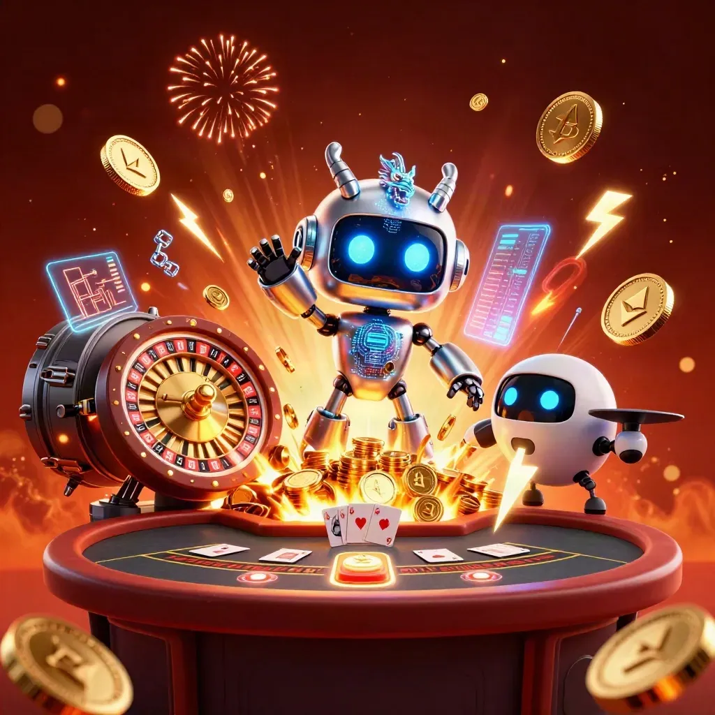 Cyberpunk robot, holographic dragon, and coin drone amid exploding gold coins, fireworks, and casino symbols