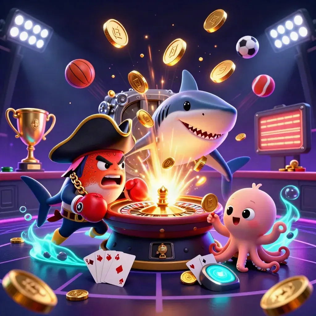 Pirate shark, boxing pufferfish, and coin-juggling octopus amid a gold burst and casino props.