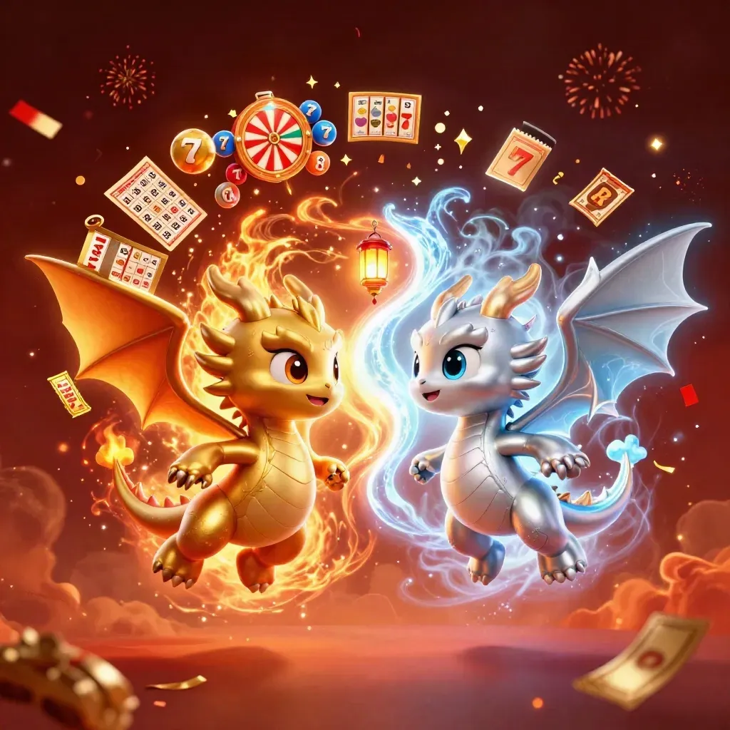Twin dragons with fire-and-ice breath amid casino game bursts and glowing embers.