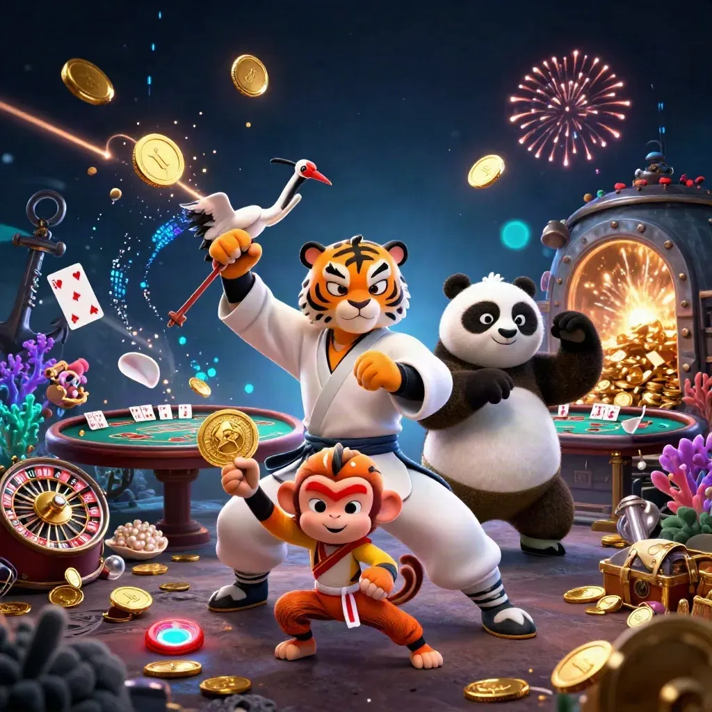 Tiger, panda, and monkey amid casino treasure, coins, coral, cards, and neon effects.