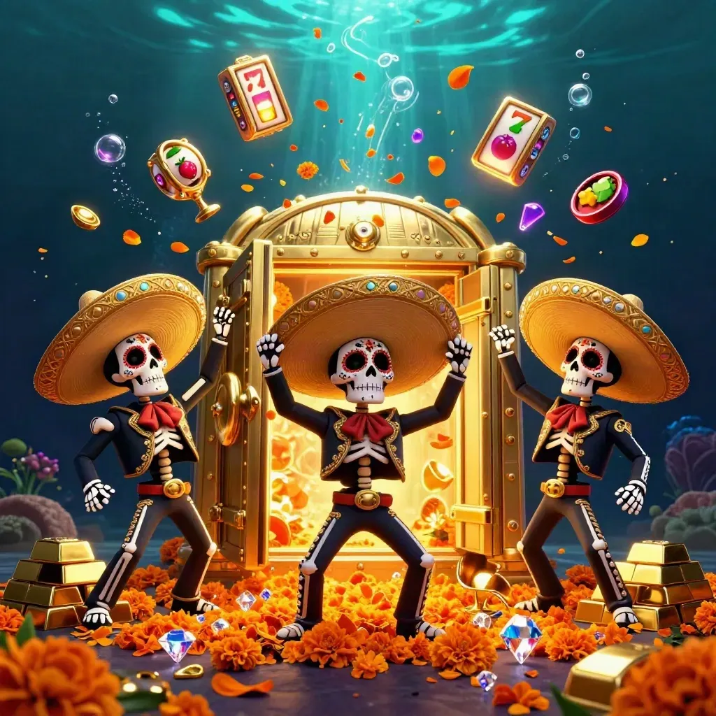 Day-of-the-Dead mariachi skeleton trio bursts from a glowing vault with gold, gems, and slot reels underwater.