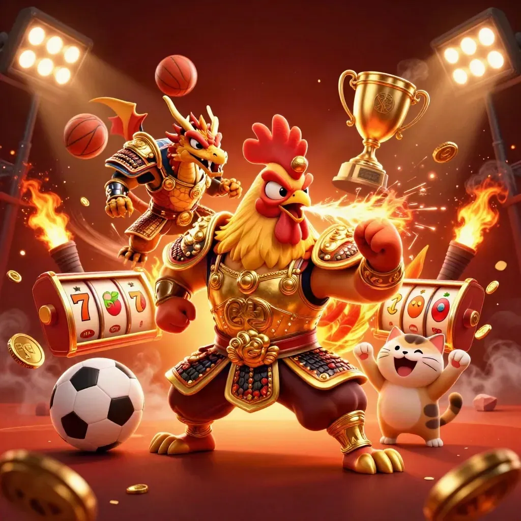 Rooster samurai, spark-breathing dragon hatchling, and cheering fortune-cat amid casino sports icons