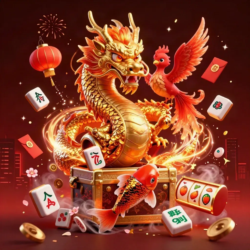 Golden dragon, red phoenix, and koi amid casino symbols and fiery neon effects.