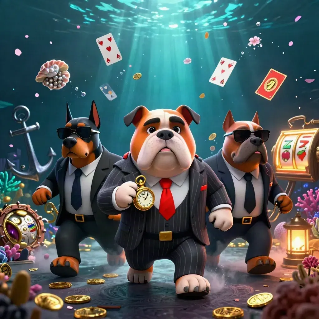 Bulldog mafia boss with Doberman guards in an underwater treasure cove of casino symbols.