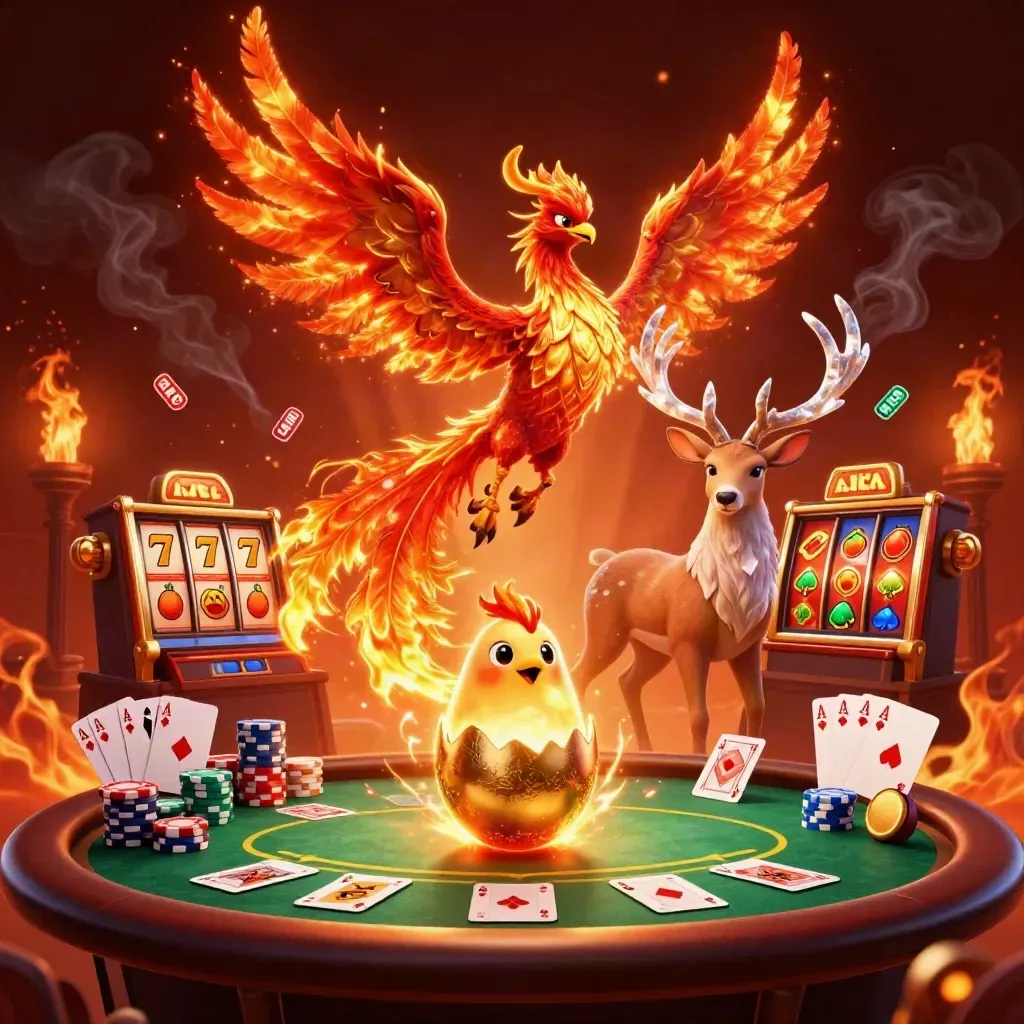 Fire phoenix, hatching baby phoenix, and crystalline stag amid chips, cards, reels, and ember glow.