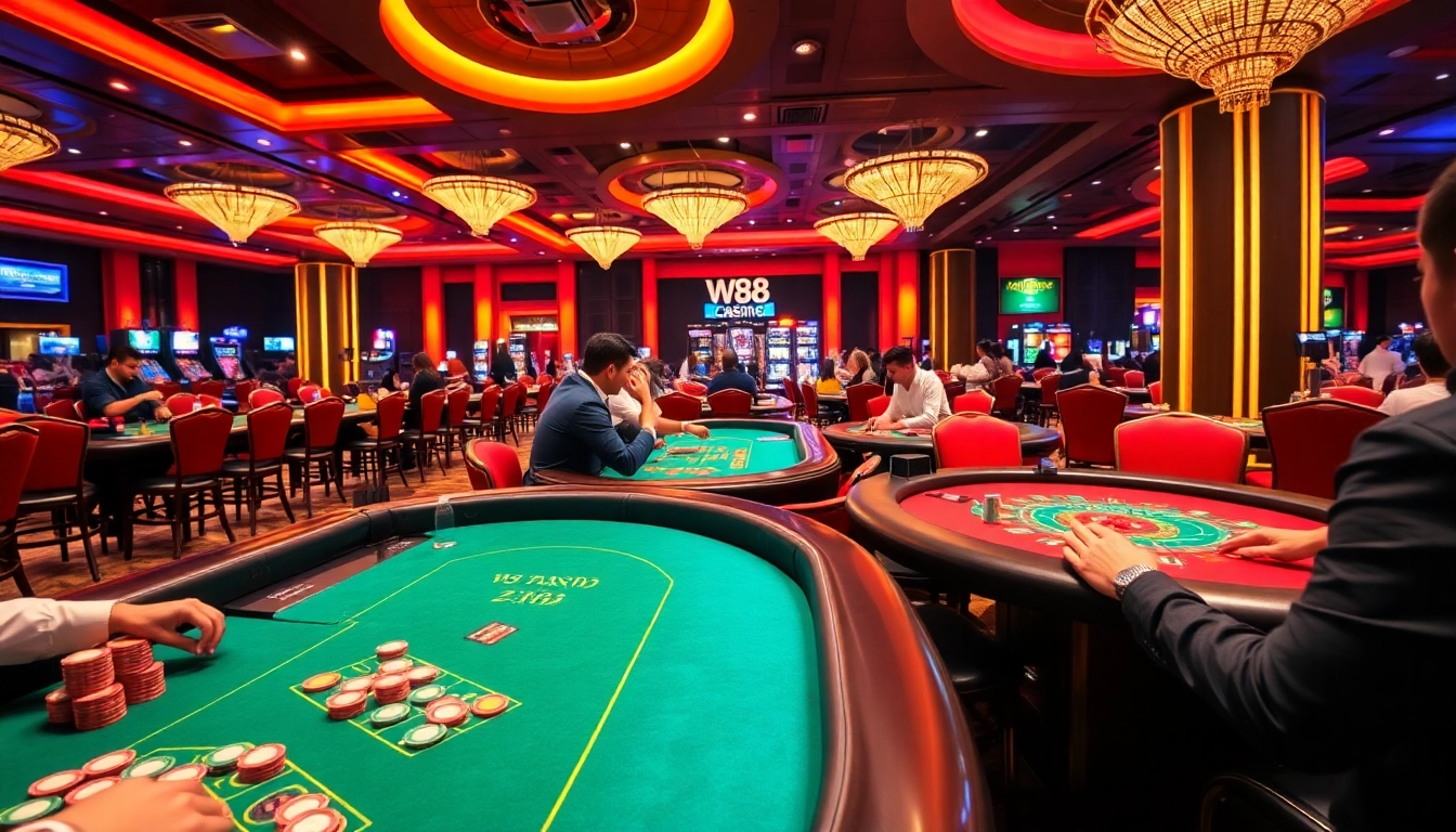 Experience the excitement of W88 Casino games with vibrant tables and dynamic players in action.