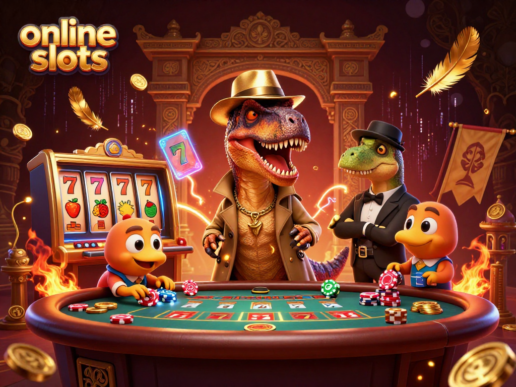 Experience thrilling online slots action with velociraptor card counter and stegosaurus pit boss in a vibrant casino scene.