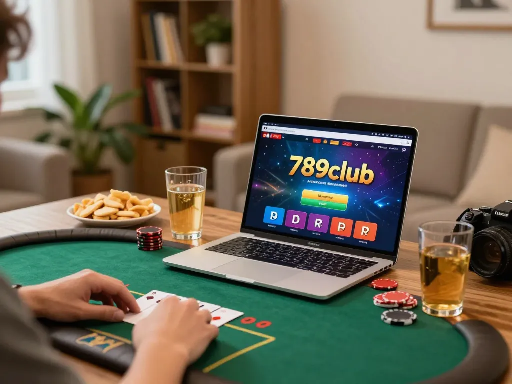 Player enjoying a thrilling poker game on 789club platform at home, with a cozy setup.