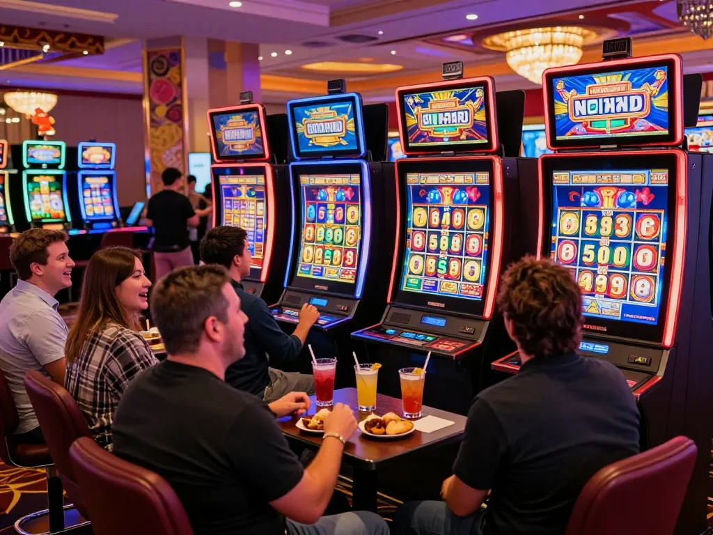 Players enjoying link slot games in a lively casino atmosphere with bright lights and engaging graphics.
