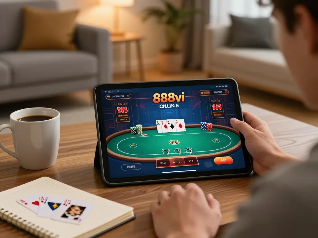 Player enjoying poker on 888vi's online platform in a cozy living room setting
