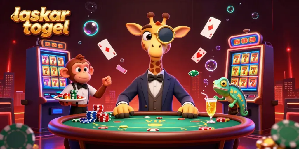 Experience the excitement of laskar togel with a vibrant gambling scene featuring lively cartoon characters.