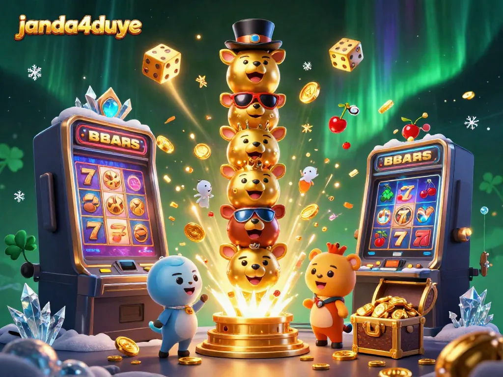 Gambarlah janda4duye dengan mesin slot yang meledak dalam koin berkilau, dikelilingi oleh totem dan efek kasino.